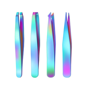 Ensemble de 4 pinces à épiler classiques durables à pointe inclinée en acier inoxydable multicolores pour femmes, haute précision pour les poils du visage - Product Image 1