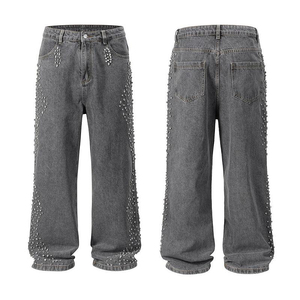 Nouveau Jean en Denim Baggy Droit pour Homme de Haute Qualité, Premium, Personnalisé, 14oz, Effet Délavé Vintage, avec Strass, Vente en Gros, Style Streetwear - Product Image 4