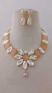 Blossom Azure Unique Cute Necklace Set for Weddings and Parties Featuring <b>Large</b> Oval Aqua <b>Stone</b> and Brass for Engagements - Product Image 2