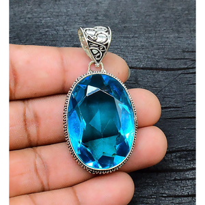Colgante de Plata de Ley 925 Hecho a Mano con Piedra Preciosa de Topacio Azul de Calidad AAA+, Tamaño 2.2'', Cus-Jew144 - Product Image 1