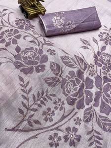 Nueva colección de verano Más de moda Precioso color Flor Impreso Secuencia Trabajo Peso ligero Algodón Saree con pieza de blusa - Product Image 4