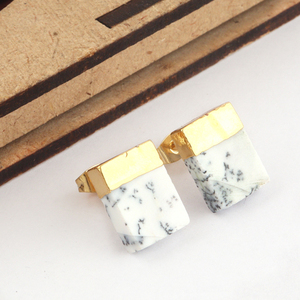 Trendy Wholesale Rectangle Shape Natural Dendrite <b>Opal</b> Gemstone Stud <b>Earrings</b> 24k Half Gold Electroplated Push Back Stud <b>Earring</b> - Product Image 3