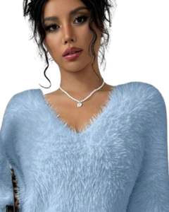 Vestido de Suéter de Punto Azul Cielo Personalizado para Mujer, Cuello en V, Manga Larga, Felpa Suave, Cálido para Invierno, Moda, OEM, Venta al por Mayor, Hecho a Medida - Product Image 2