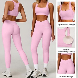 Perfect Women's Yoga 2 Piece Set <b>Pink</b> Square Neck Racerback Crop Top High Waist <b>Leggings</b> V Waist Seamless Spandex Polyester - Product Image 1