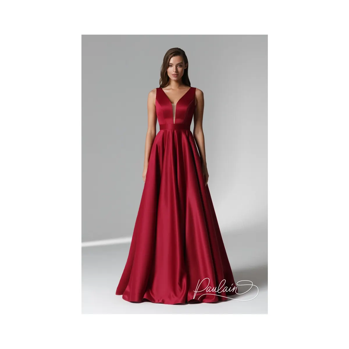 Evening sleeveless maxi dress with open unusual back/ V-neck illusion elegant floor length satin HEATHER dress for women