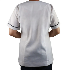 White V-Neck <b>Scrub</b> <b>Top</b> with Magenta Trim Women's Hospital Uniform Cotton Polyester Woven Fabric with Pockets - Product Image 4