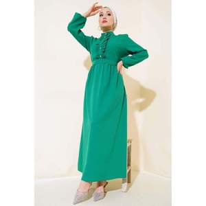 Robe décontractée verte avec détail boutonné à volants - Product Image 2