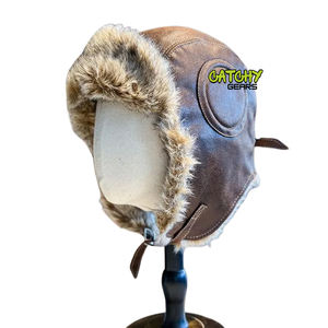 Chapeau d'aviateur en cuir véritable avec doublure en fausse fourrure, bonnet d'hiver à oreilles rabattables, casquette de pilote noire - Product Image 3