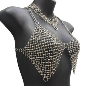 Medieval <b>Fantasy</b> Aluminium Chainmail Crop Halter Bra Mini Skirt/Belt Polished Steel Cosplay Bikini with Metal Necklace - Product Image 3