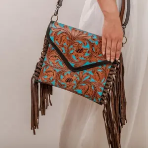 Bolso de mano con flecos de cuero genuino para mujer, bolsa azul del sur occidental, hecho a mano, tendencia, hecho a mano