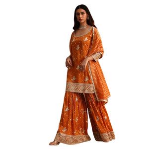Ingrosso paillettes arancioni Kurti Sharara Set con Chanderi Banarasi Dupatta per Wedding Party Wear ricevimento festivo ordini personalizzati - Product Image 2