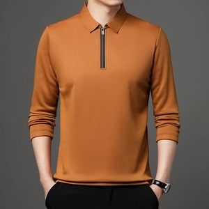 Camiseta de negocios informal para hombre, 100% algodón con cremallera para Polo, cuello vuelto, manga larga, patrón sólido, tela suave, 220 gramos - Product Image 1
