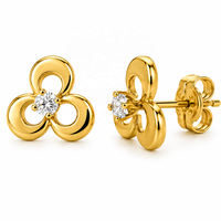 JJBRAVO Pendientes de Oro Sólido de 14k con Trébol y Circonita Redonda para Mujer, Joyería Fina, Amuleto de la Suerte