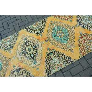 3.2x8.6 ft Vintage Rug, Turkish Runner Rug, <b>Yellow</b> Green Plants & trees Rug - Product Image 5