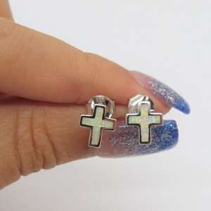 Vintage White Opal Cross <b>Stud</b> <b>Earrings</b> In 925 Sterling Silver Delicate Religious Jewelry Elegant Minimalist Design - Product Image 2