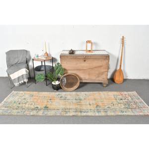 Alfombra de lana turca Vintage de 2,5x8,5 pies, tejido plano de retazos Beige y verde para decoraciones de sala de estar con respaldo de látex - Product Image 1