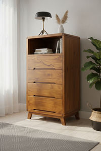 4-Drawer Teak <b>Wood</b> <b>Dresser</b> with Open Tier | Mid-Century Modern Grace Meets the Warmth of Natural Grain - Product Image 6