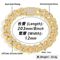 Pulsera Cubana de 12mm, Cadena Cubana, Latón con Micro Pavé de Circonitas, Estilo Iced Out, Pulsera Hip Hop, Joyería para Hombre, Venta al por Mayor