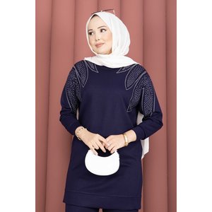 Conjunto de Dos Piezas Casual Azul Marino XXS, Túnica y Pantalones, Estilo Moderno con Adornos de Piedras en el Hombro - Product Image 2