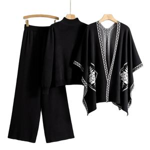 2025 Spring Lady Outfit Cozy Knit <b>Shawl</b> Pants Sets 3 Pieces With <b>Women</b> Turtleneck Sweater Wide Leg Trousers - Product Image 2