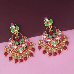Boucles d'oreilles Kriaa Red Meenakari et Beads Kundan Fine Dangle Model 1314210D - Product Image 1