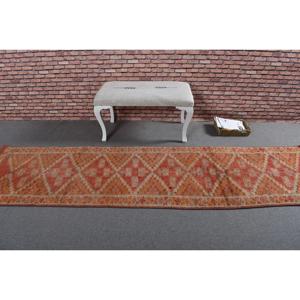 Turkish Vintage Rug, <b>Runner</b> 2.5x9.8 ft (77x300 cm) Rug, <b>Red</b> Check Wool Rug - Product Image 3