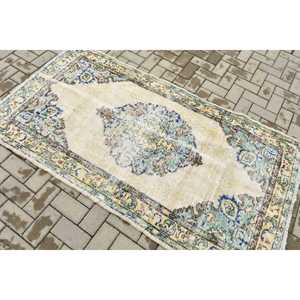 Alfombra Vintage, Alfombra Decorativa de 3.4x6.4 pies, Alfombra de Lana Azul y Amarilla - Product Image 4