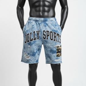 Shorts en molleton de coton délavé pour homme, tissu épais et doux, bleu, panneaux effet usé, impression en relief, logo personnalisé, shorts délavés pour homme - Product Image 5