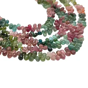 Perles de tourmaline multicolores en forme de briolette, 3x4 mm, certifiées IGI, 10 pouces de long, facettées en forme de larme, vente en gros de bijoux - Product Image 1