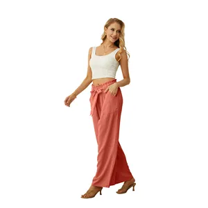 Women's Orange High Waist Lace Decoration Wide Leg Pants Adjustable Knot Summer <b>Work</b> <b>Trousers</b> for Business Casual <b>Elastic</b> Waist - Product Image 6