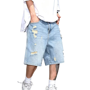 Shorts en jean déchiré bleu clair pour homme, coupe ample, 100 % coton, longueur genou, style décontracté streetwear, mode estivale - Product Image 3