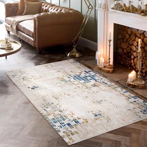 Tapis d'intérieur bohème contemporain beige-bleu à poils courts Netline 120x180cm pour salon, chambre, cuisine, couloir - Product Image 4