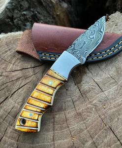 Custom handcrafted damascus steel skinner <b>knife</b> <b>bone</b> <b>handle</b> with leather sheath - Product Image 2