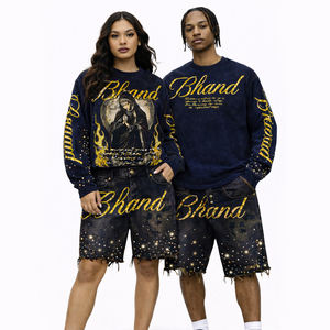 Ensemble T-shirt et short en jean pour homme, coupe ample, délavé à l'acide, col rond, ourlet brut, strass, tenue en jean - Product Image 6