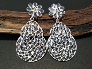 925 Solid Sterling <b>Silver</b> Women's Wedding Engagement Gift <b>Dangle</b> Drop <b>Earrings</b> With Faceted Pear Zircon Polki - Product Image 2