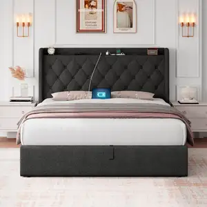 Modern Upholstered Design Style Wooden Bed Frame With USB Port Socket Underbed Storage RGB Led Lighting For Bedroom