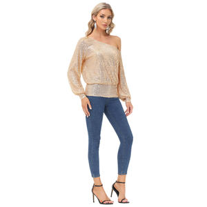 Camicette da <span class=keywords><strong>donna</strong></span> a maniche lunghe con spalle scoperte OEM <span class=keywords><strong>Top</strong></span> asimmetrico con <span class=keywords><strong>paillettes</strong></span> - Product Image 3