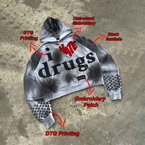Sweat-shirt à capuche oversize pour homme, imprimé DTG, brodé, streetwear, design délavé noir, logo frontal, poche, en molleton bouclette, hiver - Product Image 1