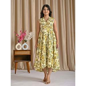 Vestido informal de algodón estampado color crema mostaza, transpirable, con cintura natural, diseño personalizado para el día a día, ideal para el verano. - Product Image 3