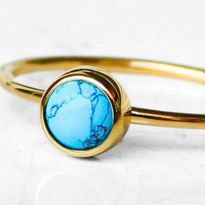 Bague en argent sterling fait à la main plaqué or perles de turquoise pierres précieuses forme ronde 8MM lunette ensemble avec ensemble de bijoux pour les mariages cadeau - Product Image 1