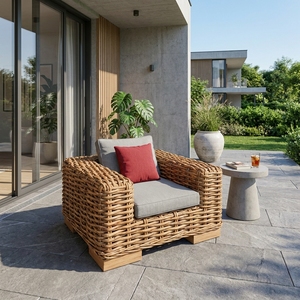 Natural Rattan Woven Outdoor Armchair Grey Cushion Red <b>Throw</b> Pillow Single Lounge <b>Chair</b> Setup Decor Pure Art Design - Product Image 4