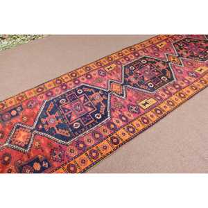 3.4x11.5 ft Rug, Vintage Rug, Turkish <b>Red</b> <b>Wool</b> Ikat Rug - Product Image 2