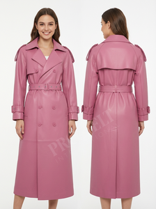 Abrigo Largo de Cuero para Otoño e Invierno, Prenda Exterior de Moda, Cuero Auténtico Suave, Doble Botonadura, Cinturón, Manga Larga, Abrigo de Cuero Cómodo - Product Image 4