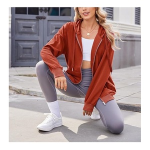 Nueva colección para mujer 100% algodón manga larga cuello redondo hombro pendiente Color sólido cómodo Casual Zip Hoodie mejor precio - Product Image 5