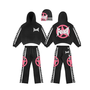 Customized Winter Hooded Breathable Printed Oversize Distressed Patch <b>Embroidery</b> Rhinestone Hoodie Sweatpants <b>Set</b> Acid Wash - Product Image 1