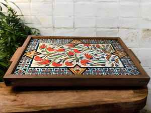 Bandeja otomana de madera de nogal moderna con asas Bandeja de servicio para decoración de sala de estar Idea de regalo para el hogar - Product Image 4