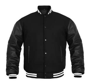 Veste universitaire personnalisée pour hommes Veste letterman en laine Corps en cuir Manches brodées Logo avant col montant fermeture éclair pour l'automne - Product Image 1