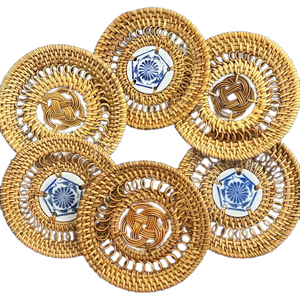 Posavasos de mimbre y bambú hechos a mano para bebidas posavasos bohemios de mimbre posavasos tejidos para bebidas juego de 6 con soporte hecho en Vietnam - Product Image 1