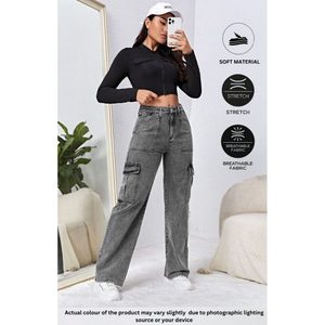 Jean cargo en denim gris vintage simple, coupe ample, délavé, respirant, 6 poches, taille haute, écologique, pour l'été, tailles 26-40, style rétro - Product Image 2