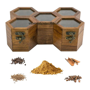 <b>Wooden</b> <b>Spice</b> Box with Lid Includes 5 Large Compartments & Spoon Perfect for Masalas Herbs and Daily Kitchen Use - Product Image 1